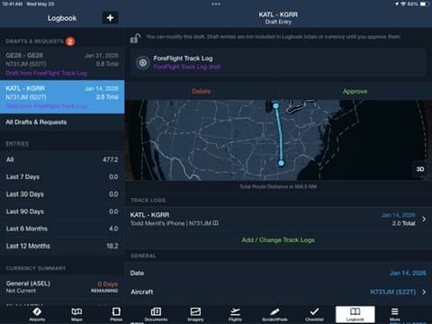 ForeFlight Logbook entry — one row per pilot-flight pair